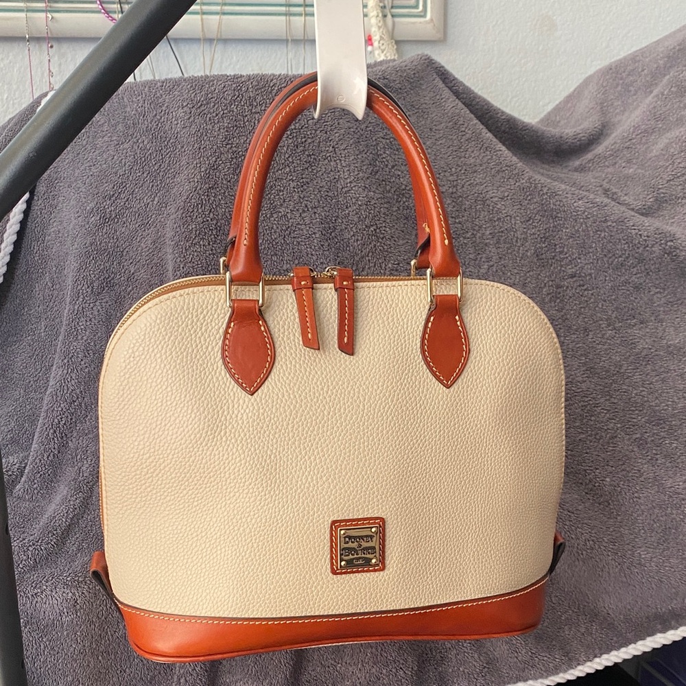 Dooney & Bourke Zip Zip Satchel Cream and Brown Pebbled Leather